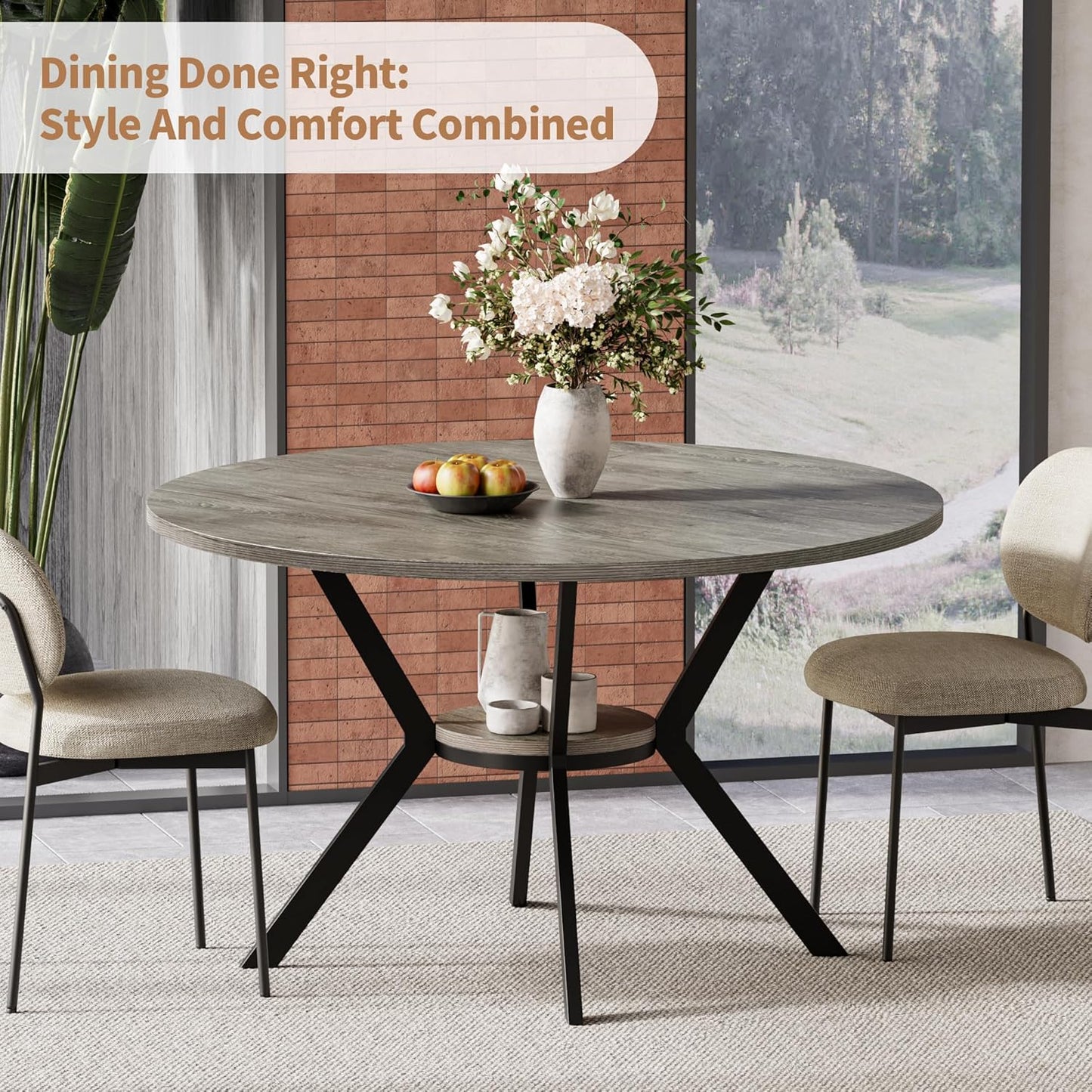 Round Dinner Table for 2-4, 42 Inch Kitchen & Dining Room Table with Storage, Wooden Circle Dining Table, Mid Century Modern Dining Table with Metal Legs for Kitchen, Living Room, Dining Room, Grey