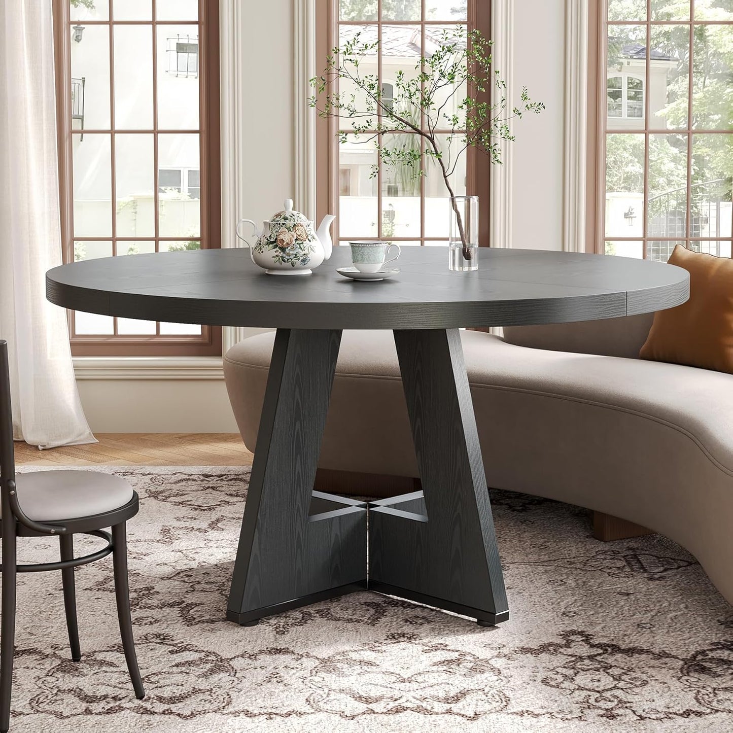 LITTLE TREE Round Dining Table for 4-6 People, 47 Inches Dining Room Table with Wooden Pedestal Base, Black Dinner Tables, Circle Kitchen Tables for Dining Room, Kitchen, Living Room