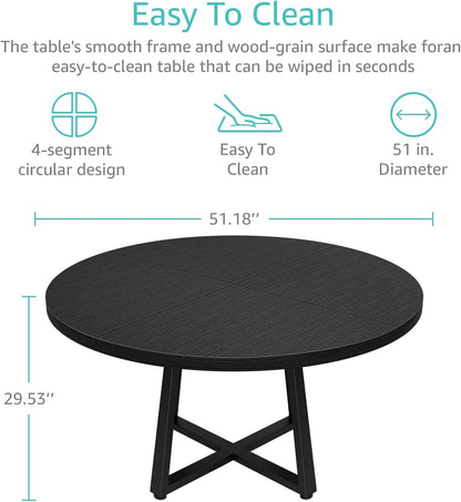Black Round Dining Table for 6 - Modern Circle 51 Inch Large Room Kitchen Dinning Tables for 4 to 6 Person Seats Small Spaces Wood Dinner Mesa De Comedor Redonda