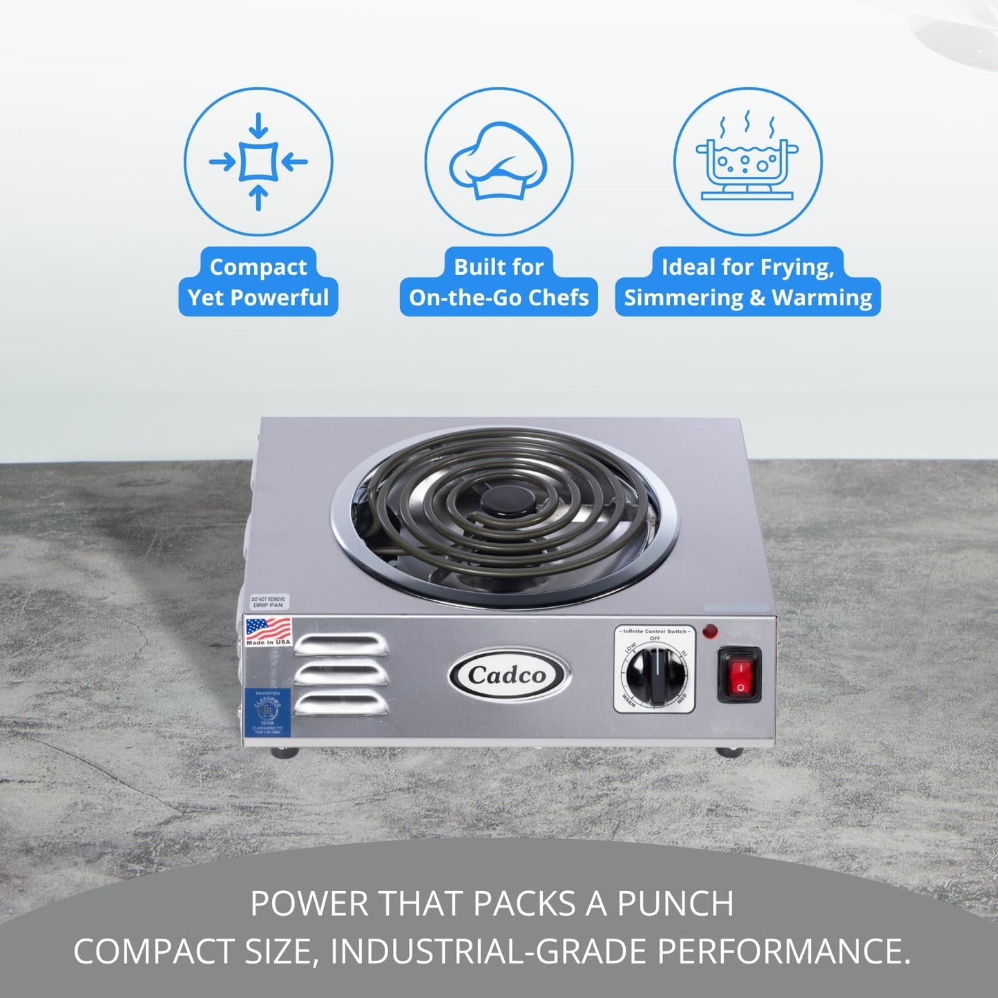 Cadco CSR-3T 14" Electric Portable Countertop Hi-Power Hot Plate w/One Tubular Burner for Restaurant Hotel Food Truck Concession Kiosk, Stainless Steel, 120v