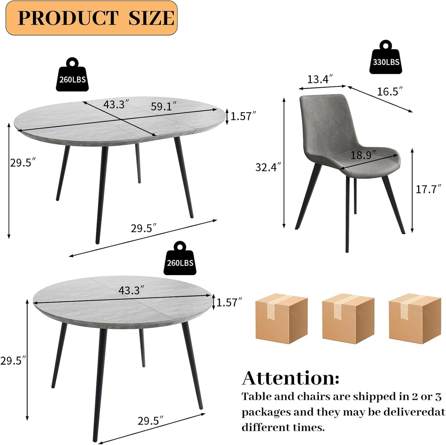 HIPIHOM 43.3"-59.1" Extendable Dining Table Set with Metal Legs, Wooden Round Kitchen Table for 4-6 Person, Gray Coffee Table w/Easy-Clean Tabletop