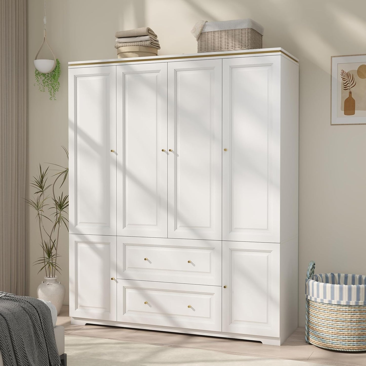 White Wardrobe with 2 Drawers: 74" Large Wardrobe Closet for Hanging Clothes, Tall Armoire Closet with 4 Doors, Bedroom Armoires with Hanging Rod (59")