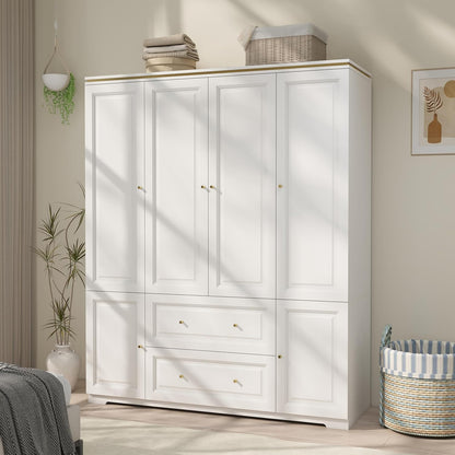 White Wardrobe with 2 Drawers: 74" Large Wardrobe Closet for Hanging Clothes, Tall Armoire Closet with 4 Doors, Bedroom Armoires with Hanging Rod (59")