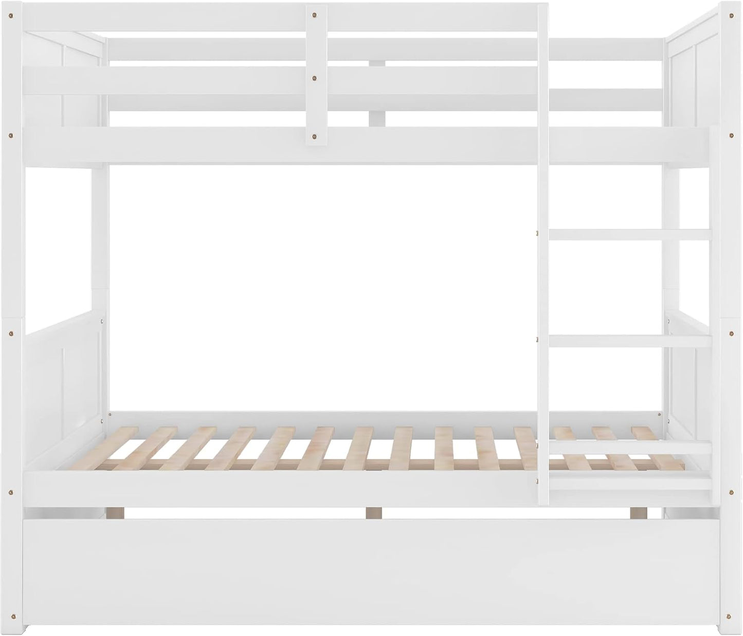 Full Over Full Bunk Bed with Trundle, Wooden Trundle Bed Frame with Ladder Safety Guardrail, Convertible to 2 Platform Beds for Kids Teens, White
