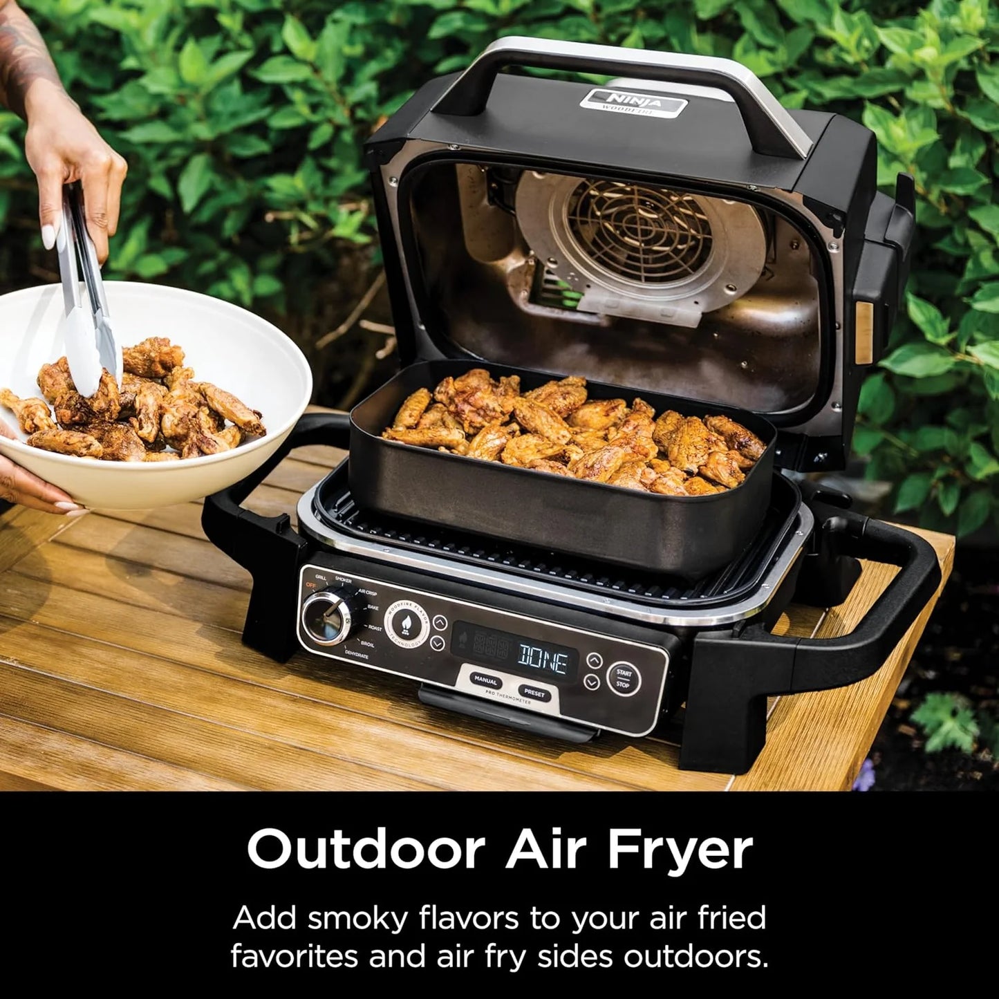 7-in-1 Grill & Smoker with Thermometer, Air Fryer, BBQ, Bake, Roast, Broil - Portable Electric Outdoor Grill, Grey