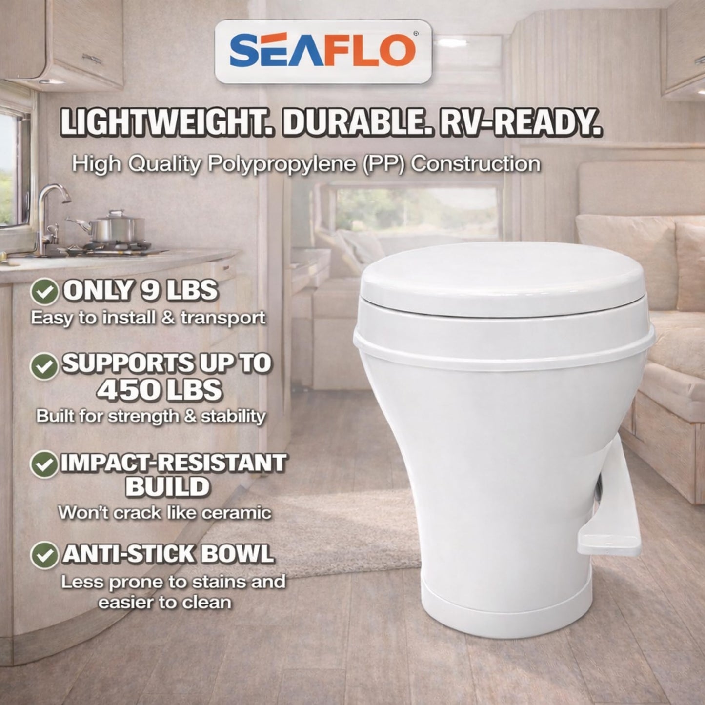 SEAFLO RV Toilet - Residential Height, Gravity Flush, Soft Close