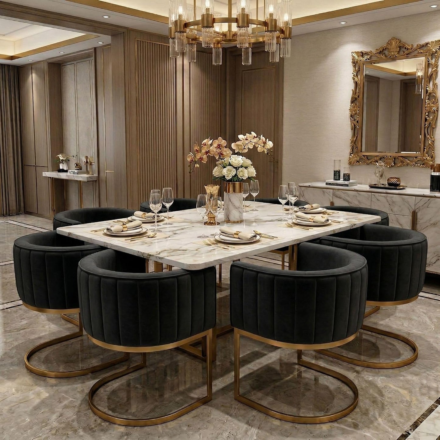Hyfirm Black and Gold Barrel Dining Room Chairs Set of 4, Modern Velvet Upholstered Accent Chairs with Curved Back for Kitchen Island, Luxury Comfort Seating Cantilever Metal Frame
