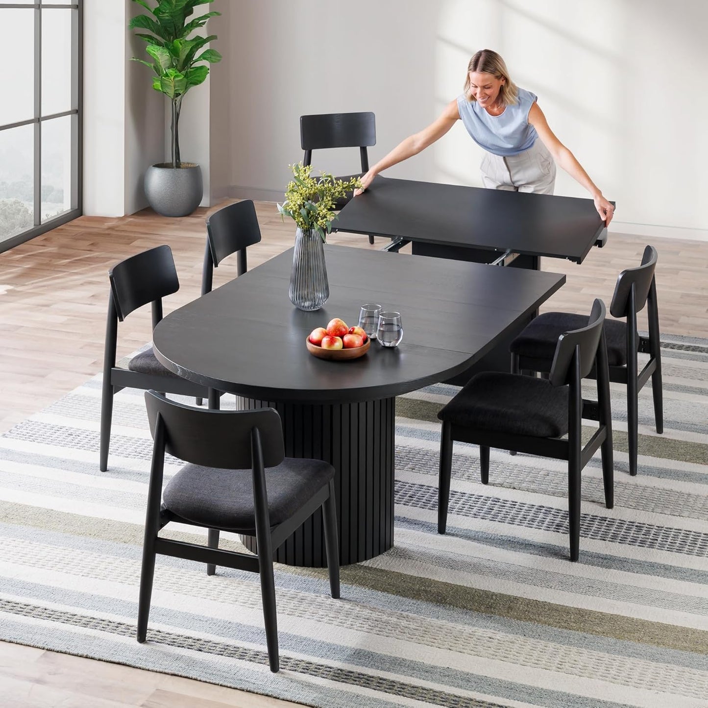 Transformer Table - Solid Wood Extendable Round Dining Table Set with 6 Chairs, Seats 2-10, Extendable Round Dining Set, Space-Saving Modern Furniture, Black (Table + 6 Chairs)
