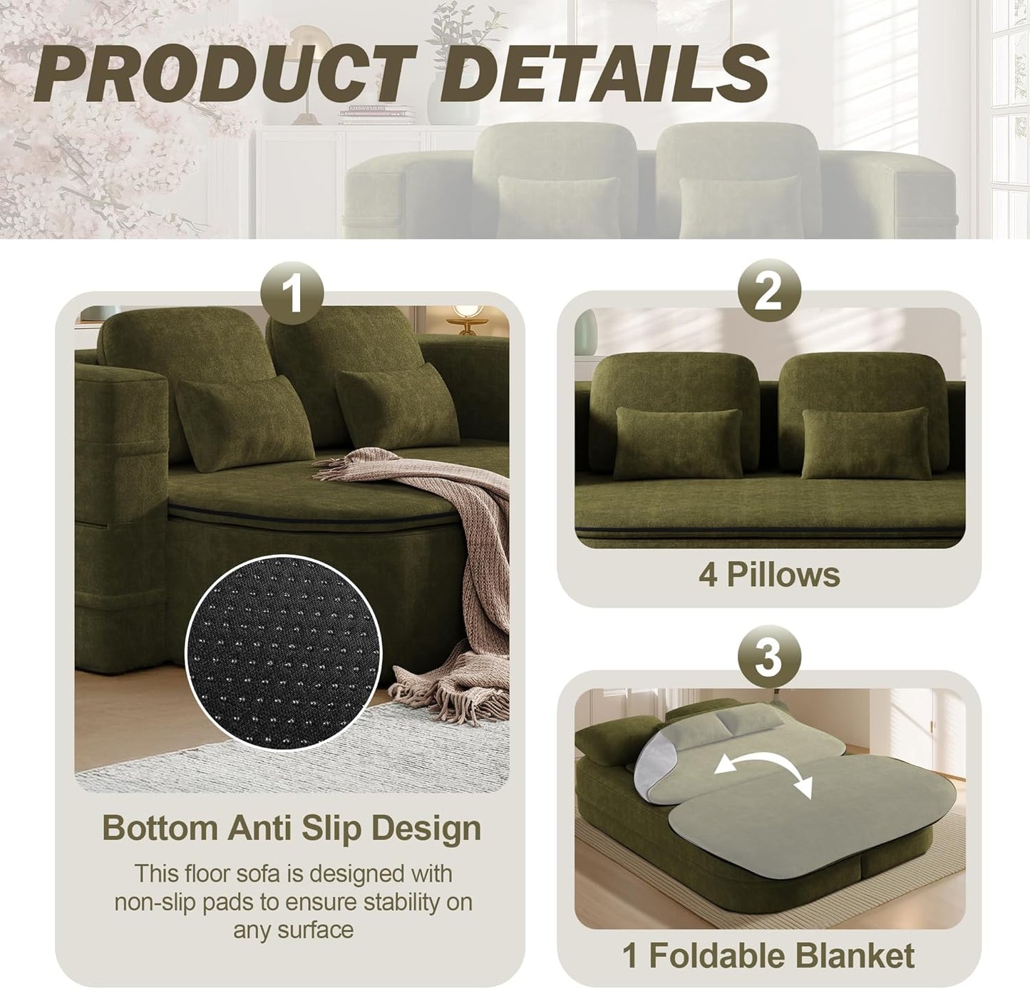 75'' Folding Sleeper Sofa Bed, Convertible Memory Foam Boneless Couch, Foldable Full Size Guest Bed, Modern 2-in-1 Futon Floor Sleeper Sofa with 4 Pillows and Blanket (Chenille, Green1)