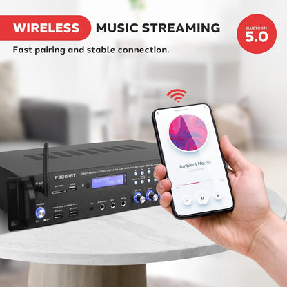 Pyle 3000W Multi-Channel Bluetooth Wireless Power Amplifier - Rack Mount - Stereo Receiver w/ FM Radio - USB/SD - Dual Mic w/ Echo - RCA - Headphone - LED Display - Cooling Fan - P3001BT