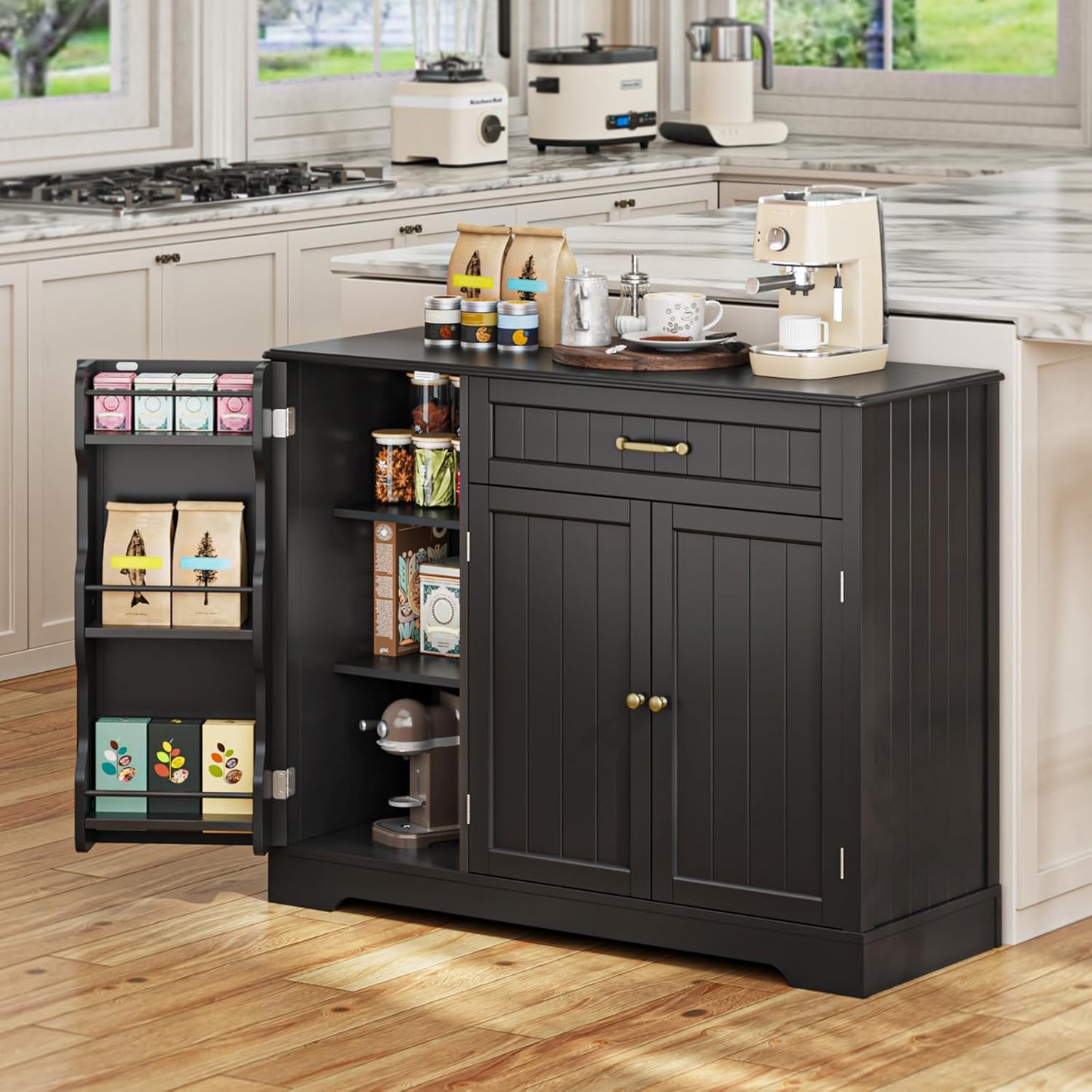 Gizoon Kitchen Sideboard Buffet Cabinet with Storage Small Coffee Bar Cabinet with Drawer, Kitchen Pantry Storage Cabinet with Door and Shelves for Bathroom and Living Room, Black