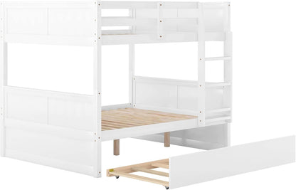 Full Over Full Bunk Bed with Trundle, Wooden Trundle Bed Frame with Ladder Safety Guardrail, Convertible to 2 Platform Beds for Kids Teens, White
