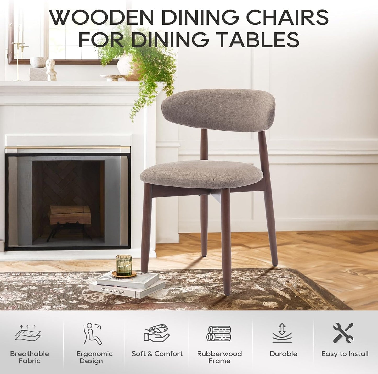 COLAMY Wooden Dining Chairs Set of 4, Modern Fabric Upholstered Dining Room Chair, Farmhouse Kitchen Chairs with Foot Pegs, Camel