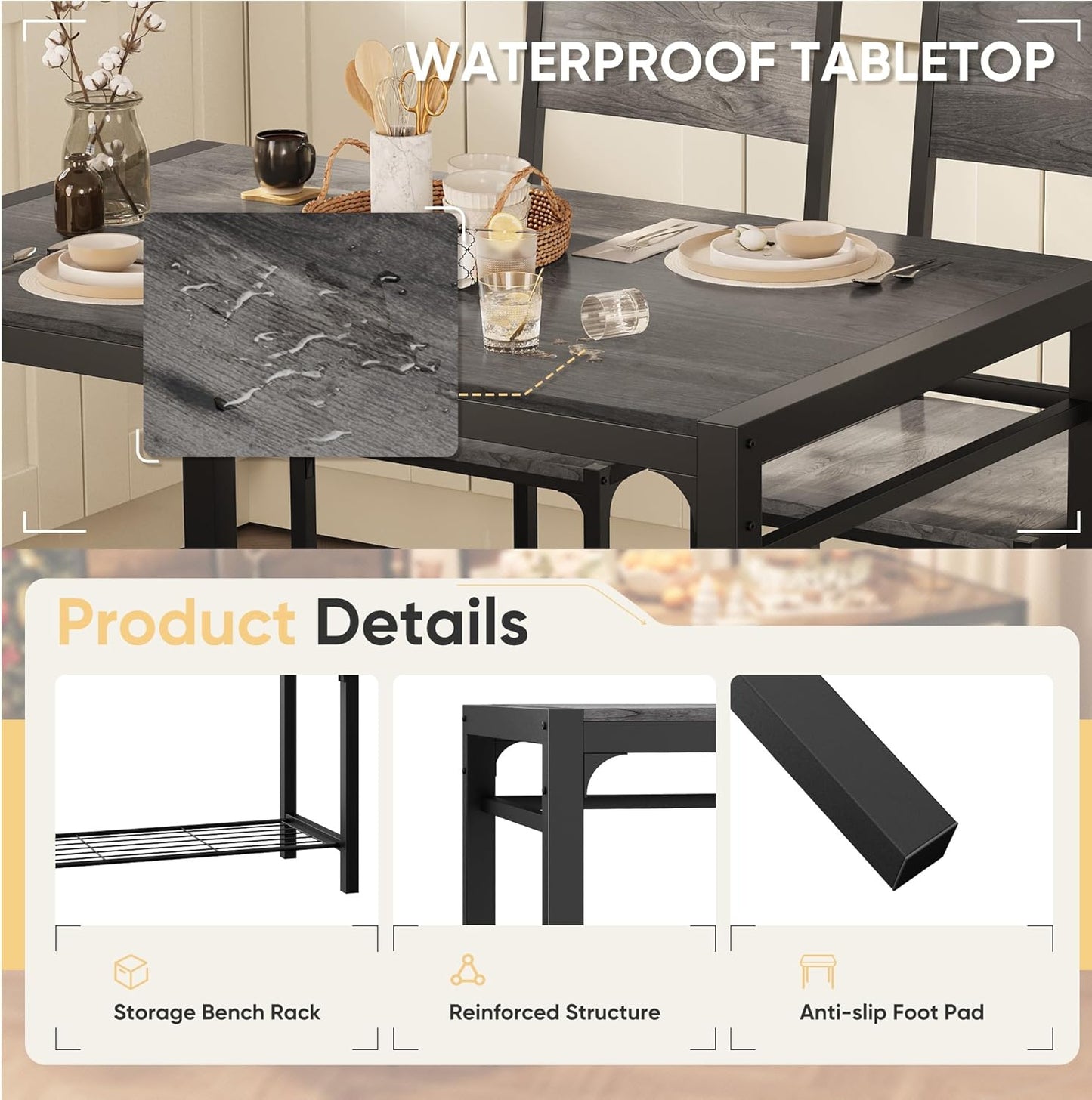 Shahoo Kitchen Table and 2 Chairs for 4 with Bench, 4 Piece Dining Sets for Small Space, Dark Grey