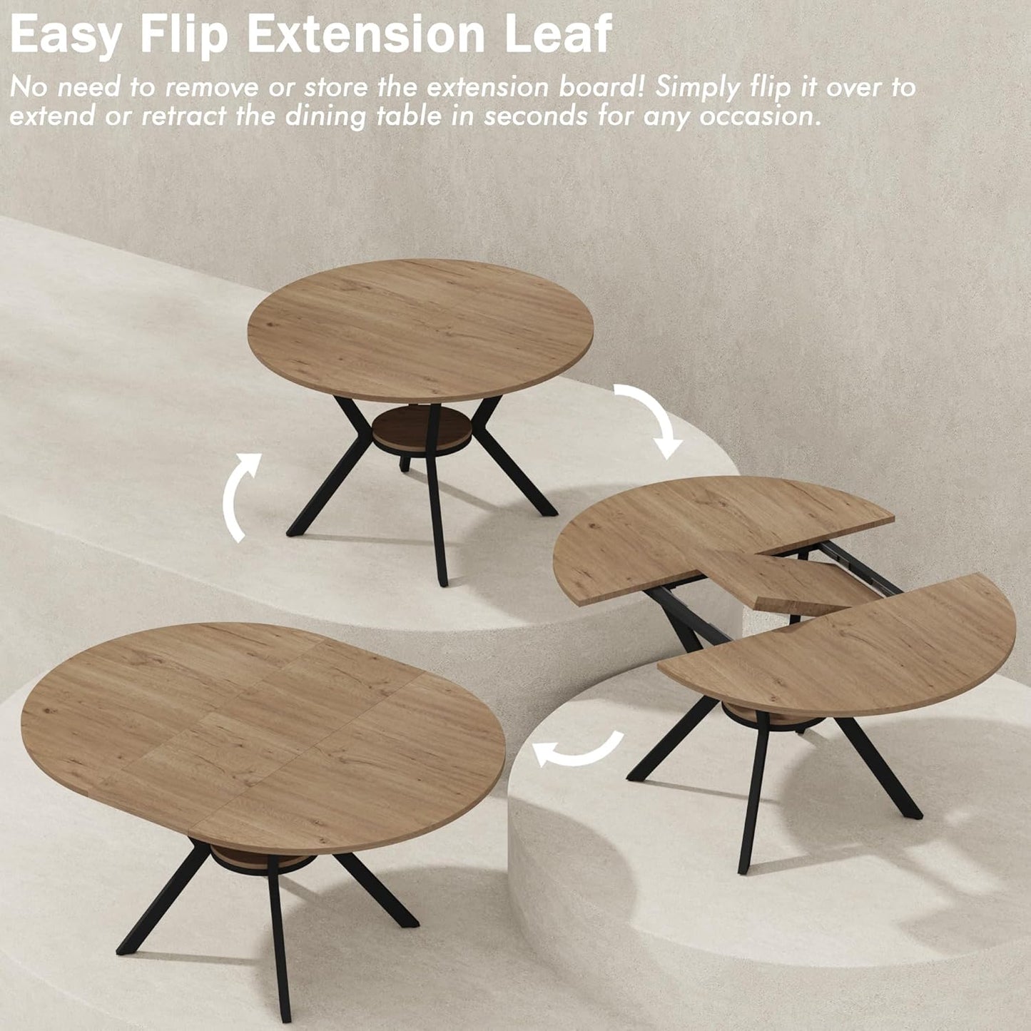 42"-58" Extendable Round Dining Table with Built-in Flip Leaf, Modern Oval Kitchen Table for 4-6, Space-Saving Small Room Furniture with Storage Shelf and X-Shaped Metal Base