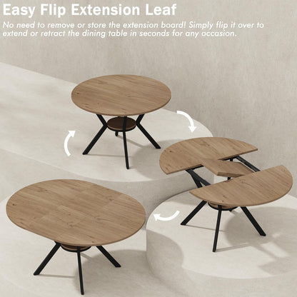 42"-58" Extendable Round Dining Table with Built-in Flip Leaf, Modern Oval Kitchen Table for 4-6, Space-Saving Small Room Furniture with Storage Shelf and X-Shaped Metal Base