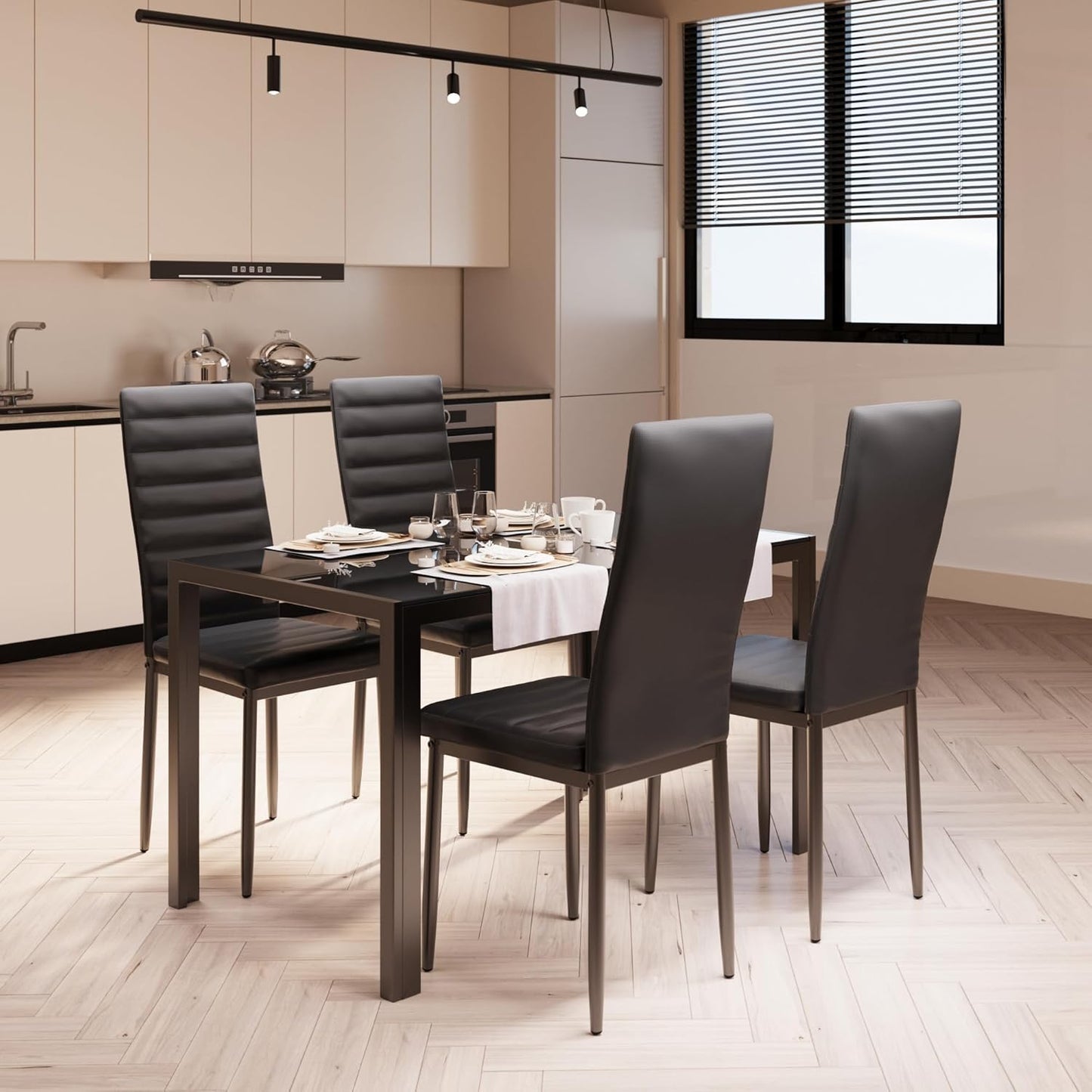 Bealife Kitchen Dining Table Set for 4, Tempered Glass 5 Piece Table and Chairs Set Modern for Home, Kitchen, Living Room, Dining Room (Black)