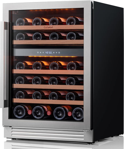 Ca'Lefort 24 Inch Wine Fridge, 52 Bottles Dual Zone 40-65°F Wine Cooler, Adjustable Shelves & 3 LED Light, Wine Refrigerator with Glass Door, Built-in Under Counter Freestanding for Home/Kitchen/Bar