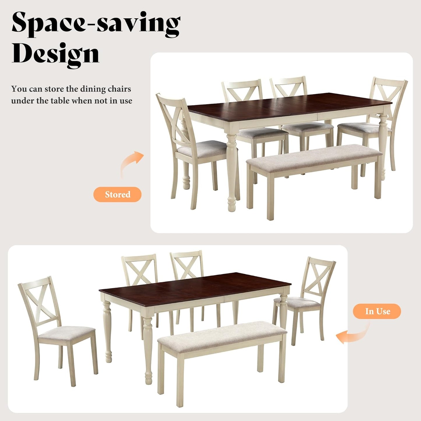 AMERLIFE 6-Piece Farmhouse Dining Table Set for 6-7, 71" Solid Wood Kitchen Table and Chairs, 1 Dining Table, 4 Upholstered Chairs and 1 Bench, Rustic Dining Room Set, Rustic White