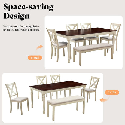 AMERLIFE 6-Piece Farmhouse Dining Table Set for 6-7, 71" Solid Wood Kitchen Table and Chairs, 1 Dining Table, 4 Upholstered Chairs and 1 Bench, Rustic Dining Room Set, Rustic White