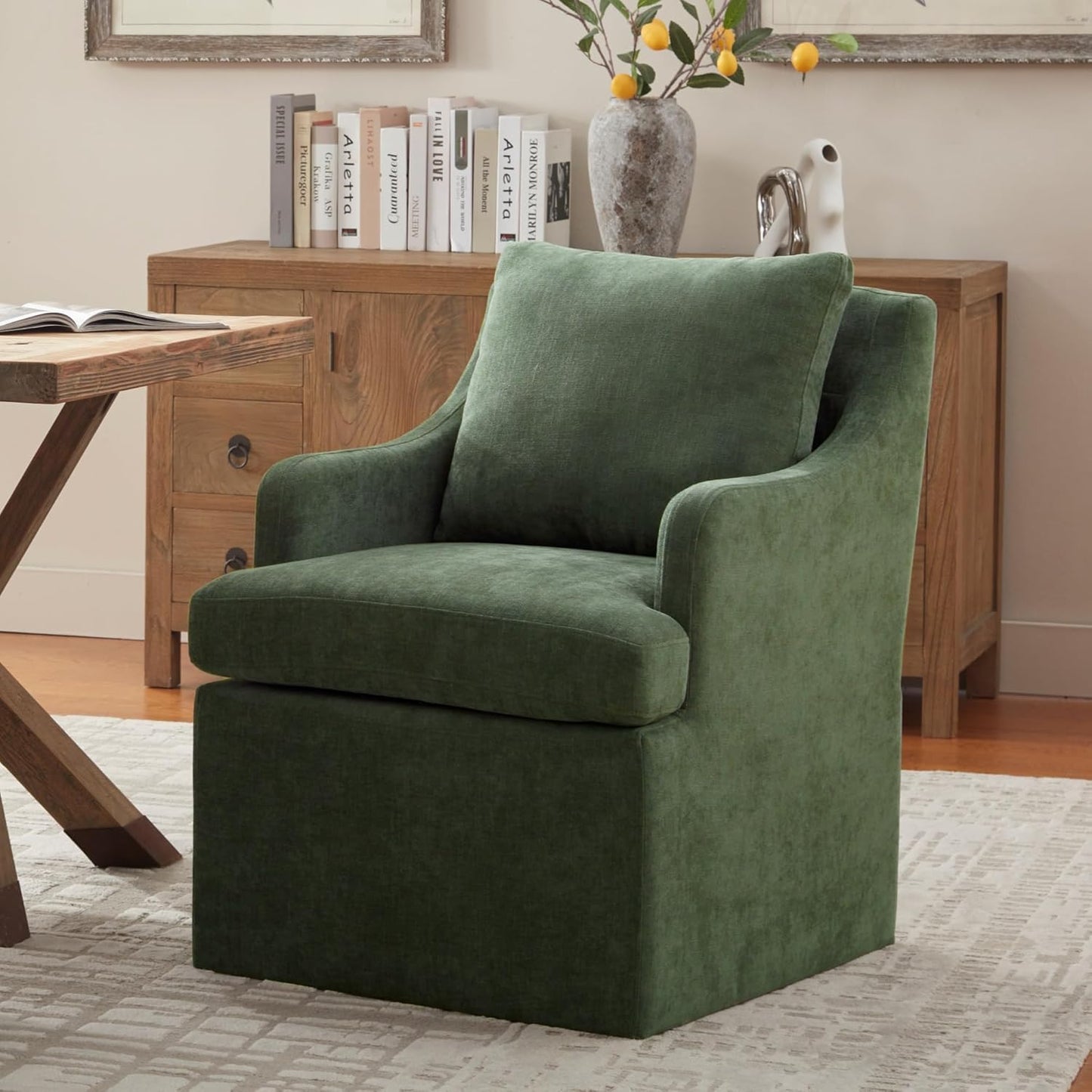 VKNOW Upholstered Dining Chairs Set of 4, Modern Kitchen Chairs Dinner Chairs with 4 Casters, Chenille Armchair for Bedroom Reading Room Living Room, Green