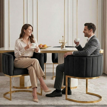 Hyfirm Black and Gold Barrel Dining Room Chairs Set of 4, Modern Velvet Upholstered Accent Chairs with Curved Back for Kitchen Island, Luxury Comfort Seating Cantilever Metal Frame