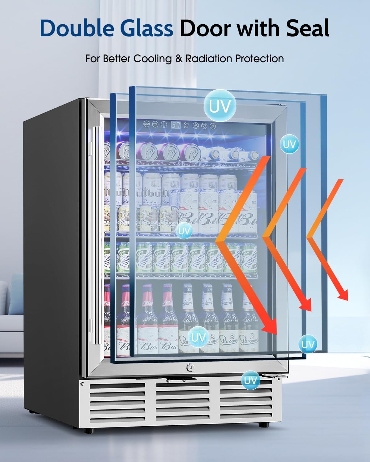 Feelfunn 24 inch Beverage Refrigerator - 180 Cans Under Counter Beverage Fridge with Glass Door & Safety Lock for Beer Wine Soda, Built-in or Freestanding Drink Fridge for Home Office Kitchen or Bar