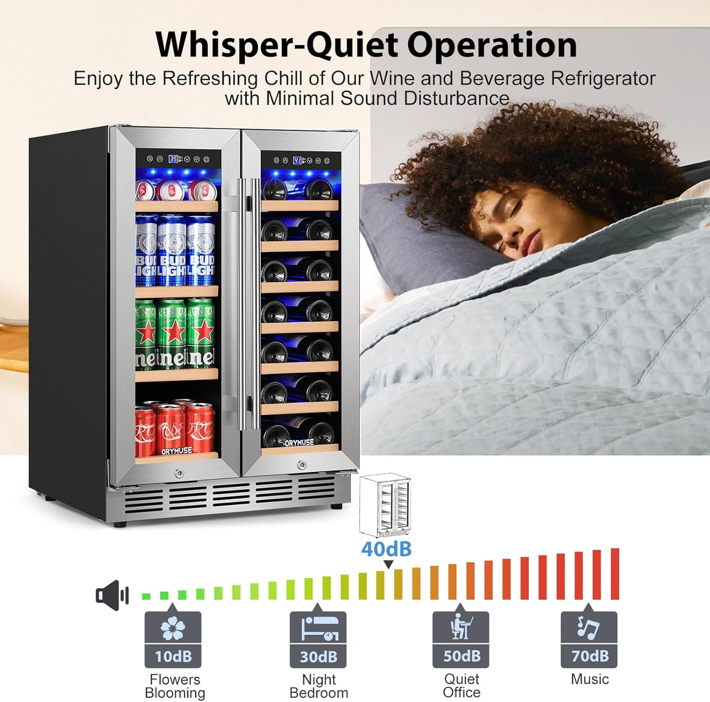 ORYMUSE 24 Inch Dual Zone Wine and Beverage Refrigerator, Built-in or Freestanding Cooler with French Doors, Under Counter Drink Fridge with Upgraded Compressor for Beer, Wine, and Soda