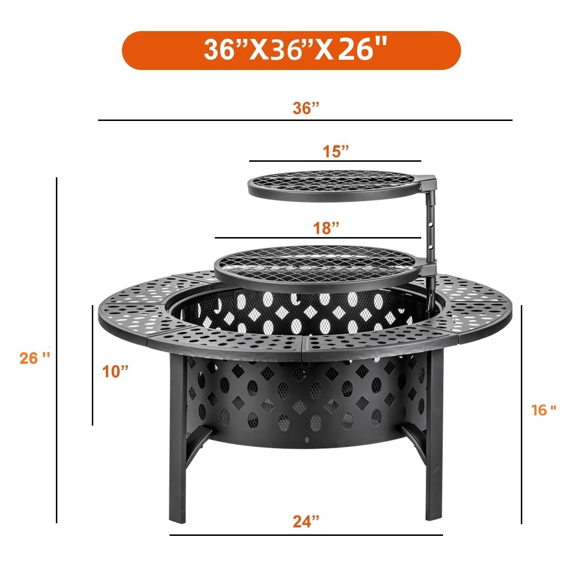 OUTVUE 36 Inch Fire Pit with 2 Grills & Waterproof Cover