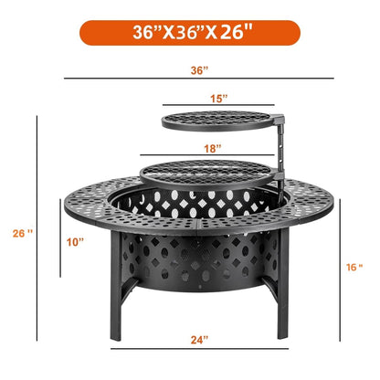 OUTVUE 36 Inch Fire Pit with 2 Grills & Waterproof Cover