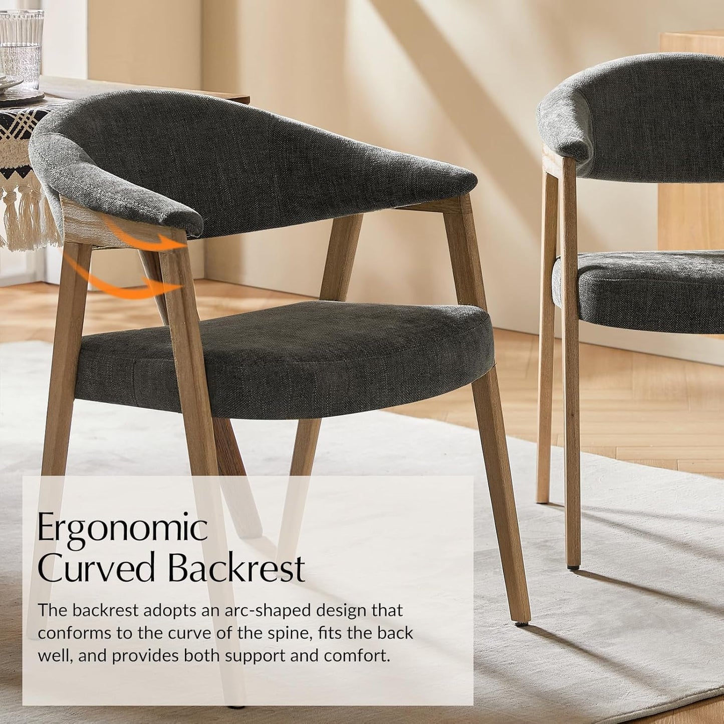 HULALA HOME Dining Chairs Set of 4, Mid-Century Modern Upholstered Dining Room Chair with Armrest, Curved Backtrst & Solid Wood Legs, Kitchen Side Chairs for Resurant, Living Room - Dark Gray