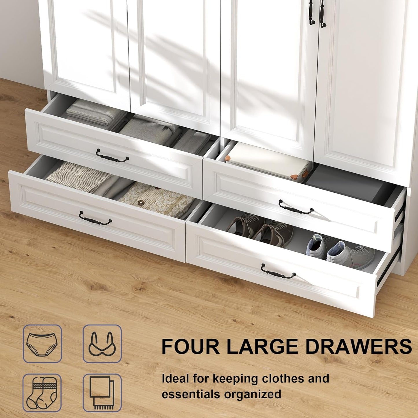 White Armoire Wardrobe Closet: 88" Extra Tall Wardrobe Closet with 4 Drawers, Bedroom Armoires with 4 Doors, Wood Large Armoire with Top Cabinet (63")
