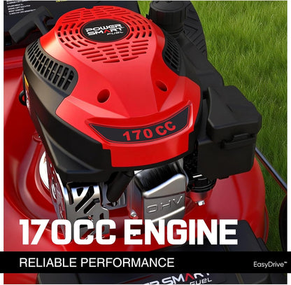 PowerSmart EasyDrive 21-Inch Self Propelled Gas Lawn Mower, 170cc 4-Stroke OHV Engine, Rear Wheel Drive, 3-in-1 Mulch/Bag/Side Discharge, Steel Deck, 6 Height Adjustment