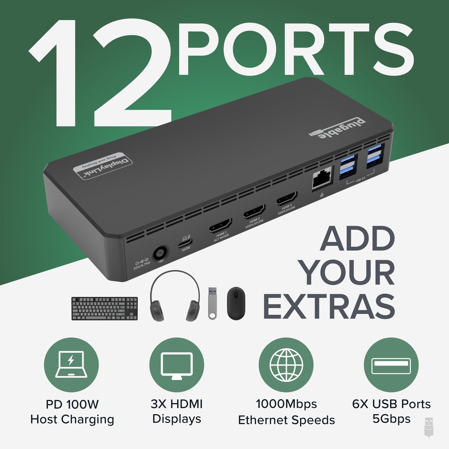 PLUGABLE USB C Triple Display Docking Station - 100W PD, 3x HDMI