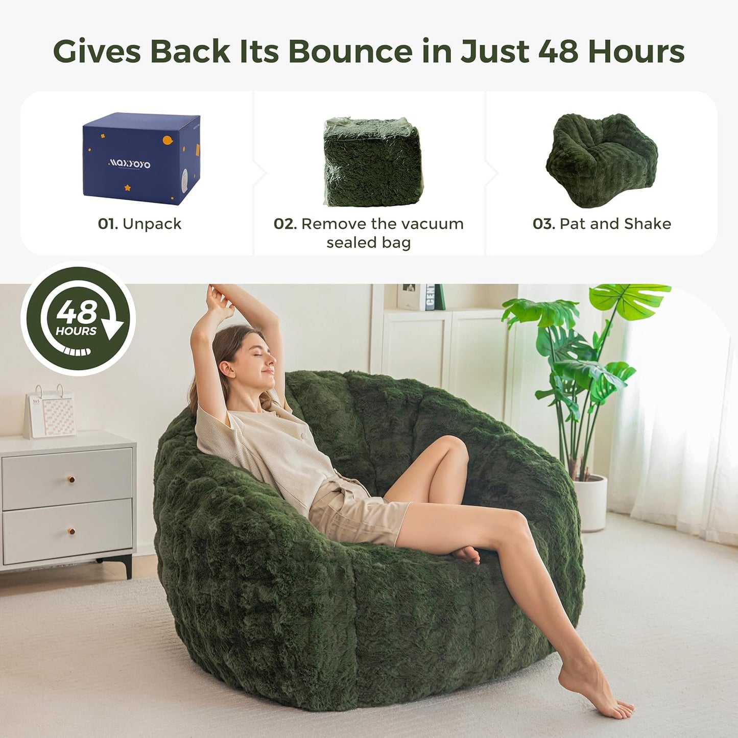 MAXYOYO Giant Bean Bag Chair for Adults, Stuffed Shell-Shaped Large Bean Bag Couch, Cozy Living Room Chair with Filler, Floor Sofa Lazy Sofa for Bedroom Living Room, Green, Standard