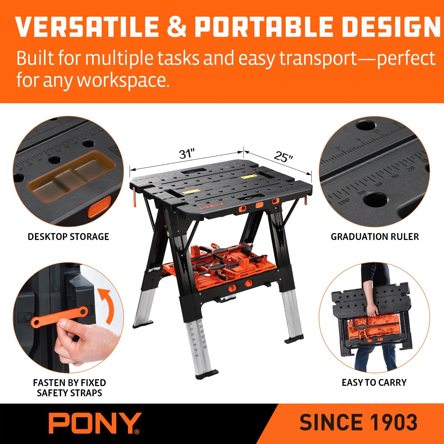PONY Portable Folding Work Table - 2-in-1 Sawhorse & Workbench