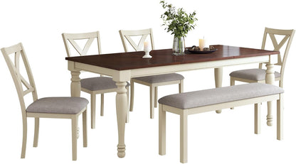 AMERLIFE 6-Piece Farmhouse Dining Table Set for 6-7, 71" Solid Wood Kitchen Table and Chairs, 1 Dining Table, 4 Upholstered Chairs and 1 Bench, Rustic Dining Room Set, Rustic White