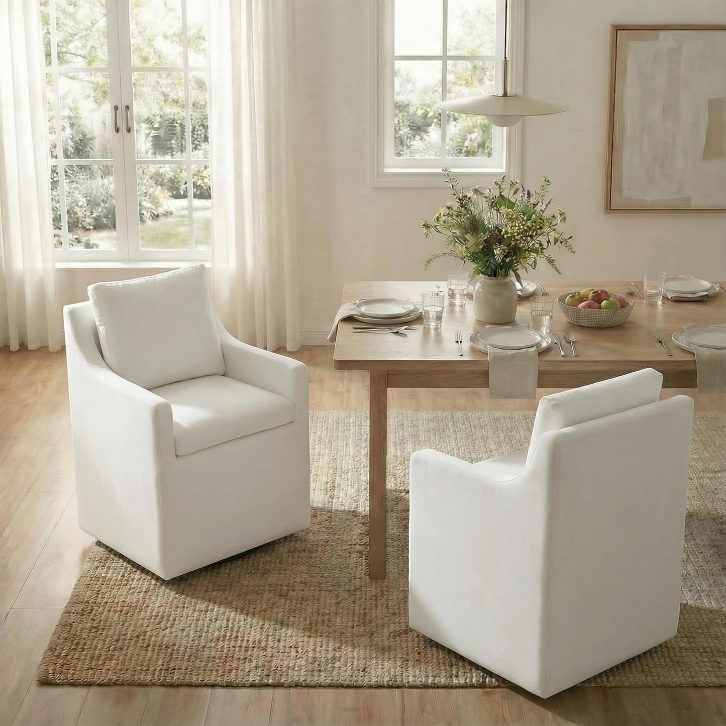 KISLOT Upholstered Dining Chairs Set of 4, Modern Dining Room Chairs with Casters & Washable Cover, Rolling Accent Chair with Hidden Storage for Kitchen, Farmhouse, Living Room, White, 4 Box