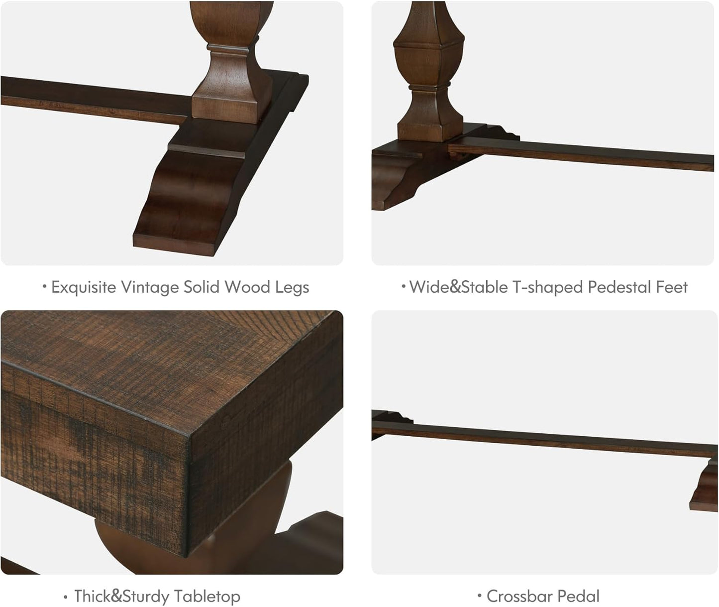 WAMPAT 74.8-inch Long Vintage Farmhouse Dining Table for 6-8 People,Sturdy Wooden Frame,Weathered Textured Tabletop,Solid Wood Double Pedestal Legs with T-Shaped Feet,Non-Extendable,Dark Walnut Brown