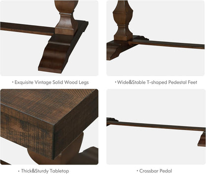 WAMPAT 74.8-inch Long Vintage Farmhouse Dining Table for 6-8 People,Sturdy Wooden Frame,Weathered Textured Tabletop,Solid Wood Double Pedestal Legs with T-Shaped Feet,Non-Extendable,Dark Walnut Brown