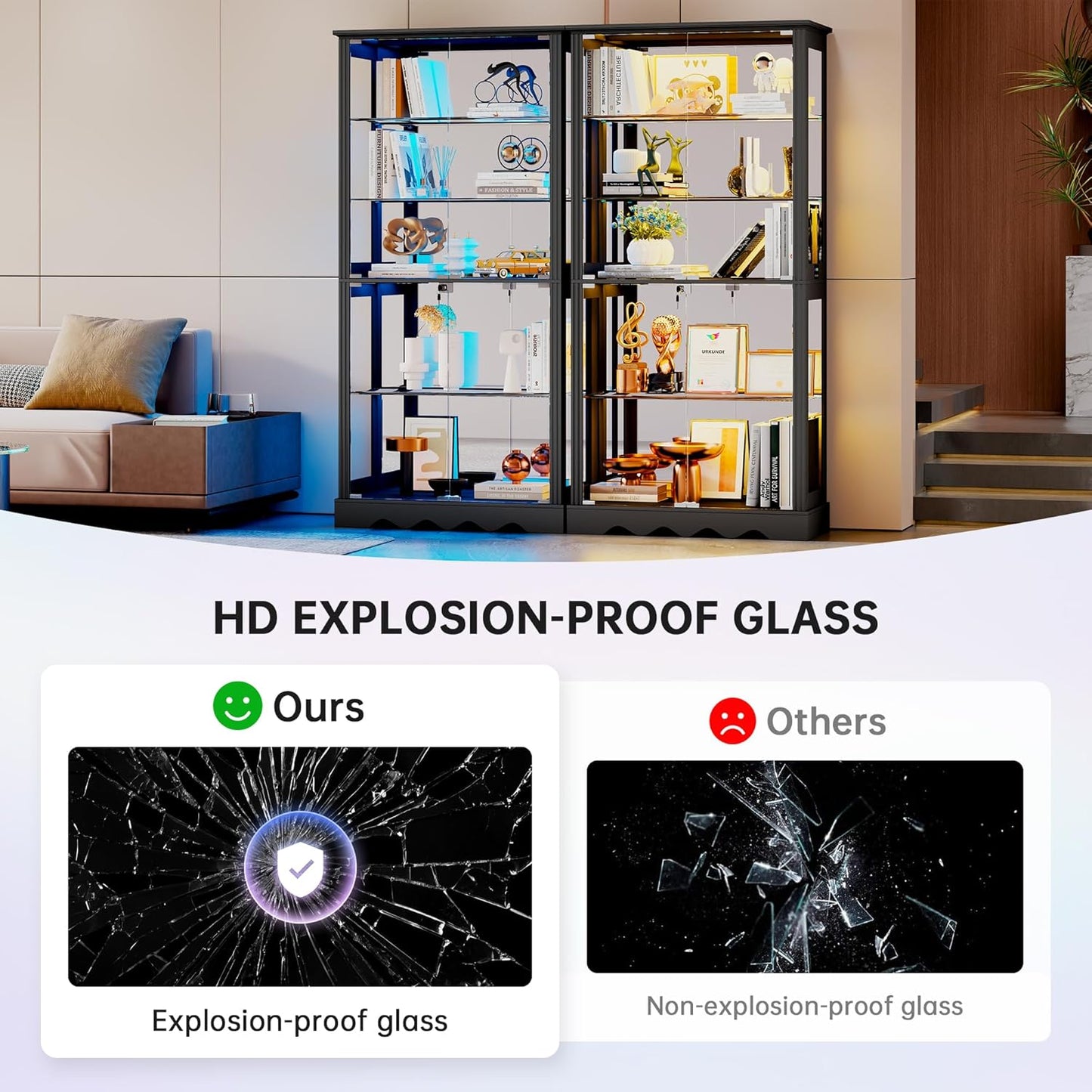 Dystler Display Cabinet with Glass Doors, 71'' Tall Curio Cabinet with RGB Lights for Collectibles, LED Display Case with Removable Shelf for Book/Medal/Figure, Black