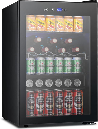 COWSAR Beverage Refrigerator, 145 Can Mini Fridge Glass Door for Soda Beer, ETL Approved Stainless Steel Wine Fridge with Temperature Display, LED Light for Home, Office, Bar, 4.5 cu.ft