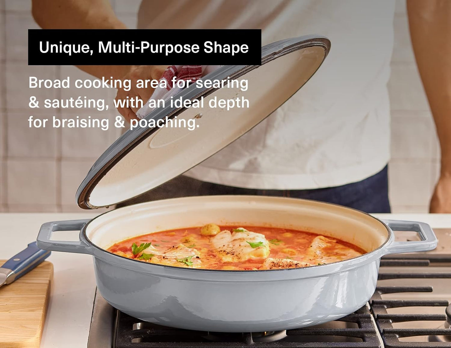 Misen 5.5 QT Braiser – Enameled Cast Iron Pan for Searing, Braising & Slow Cooking – No-Chip Enamel Coating – Extra-Wide Handles – Superior Heat Retention & Even Cooking - Gray