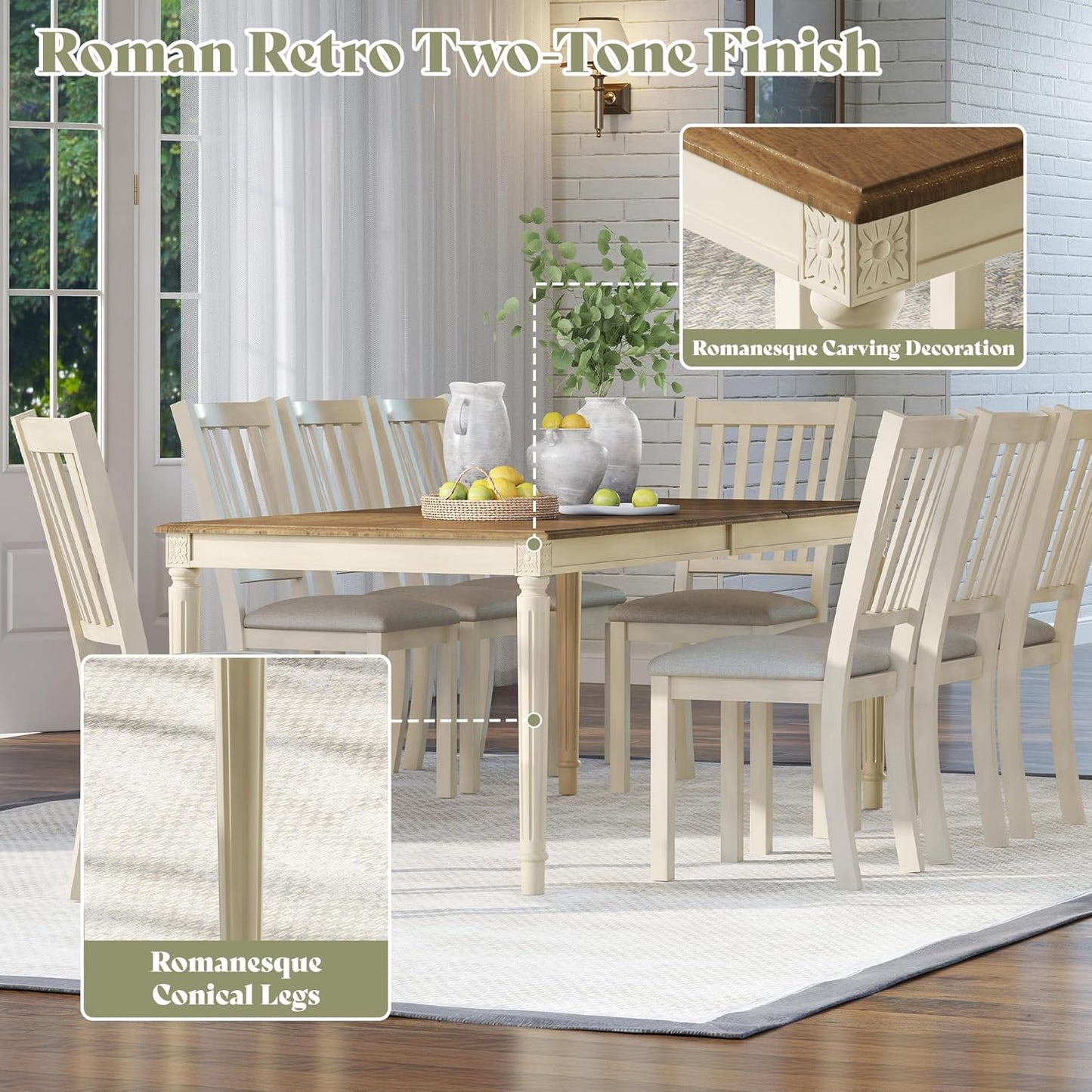 AMERLIFE 9-Piece Farmhouse Solid Wood Dining Table Set with 8 Upholstered Chairs, Roman Conical Legs, Seats up to 8, 79'' Dining Table & Chairs Set for Kitchen and Dining Room, Rustic Cream