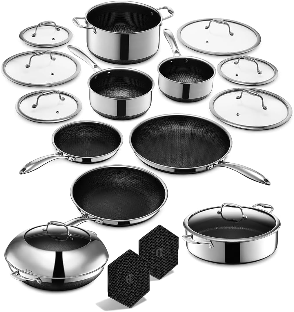HexClad Hybrid Nonstick 18-Piece Cookware Set, 2, 3, and 8Qt Pots with Lids, 2 Silicone Trivets, 8", 10", and 12" Pans with Lids, 7Qt Chicken Fryer with Lid, and 14" Wok with Lid, Stay-Cool Handles