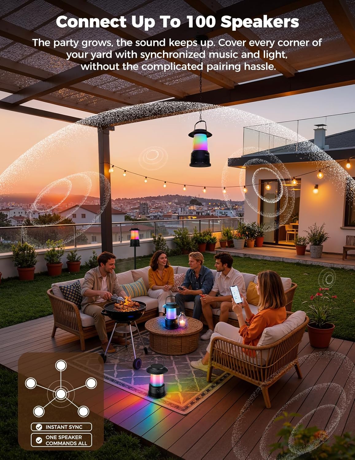 dbsono Outdoor Solar Speakers Home Decor: 2-Pack 30W Stereo Sound with 360° LED Lights|Multi-Sync 100Pcs|IPX7 Waterproof|20H Playtime|Bluetooth 5.4|Lanterns for Patio/Pool/Yard, Gifts for Women Men