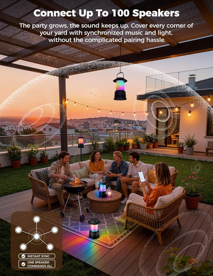 dbsono Outdoor Solar Speakers Home Decor: 2-Pack 30W Stereo Sound with 360° LED Lights|Multi-Sync 100Pcs|IPX7 Waterproof|20H Playtime|Bluetooth 5.4|Lanterns for Patio/Pool/Yard, Gifts for Women Men