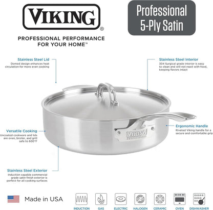 Viking 5-Ply Deep Frying Pan with Lid, 3.4 Quart Stainless Steel Saute Cooking Pot, Dishwasher and Oven Safe, Induction Ready, Satin Finish