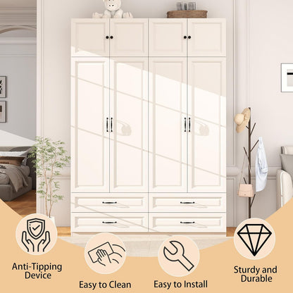 White Armoire Wardrobe Closet with Drawers: Bedroom Armoires with Hanging Rod, Wooden Closet Cabinet for Hanging Clothes, Tall Wardrobes Closets with Doors and Shelves (63")