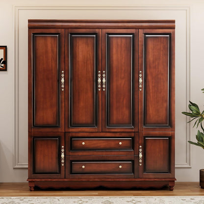 Solid Wood Armoire Wardrobe Closet with Cherry Finish, 61.42"W x 19.29"D x 70.87"H, Clothes Organizer with Shelves, Hanging Rods and 2 Drawers, American Style Freestanding Bedroom Storage
